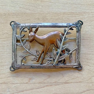 Vintage Silver/Pewter Tone Copper Deer Brooch, Christmas Jewelry, Vintage Gift Ideas, Deer in Garden Pin, Copper Tone Deer with Leaves Pin