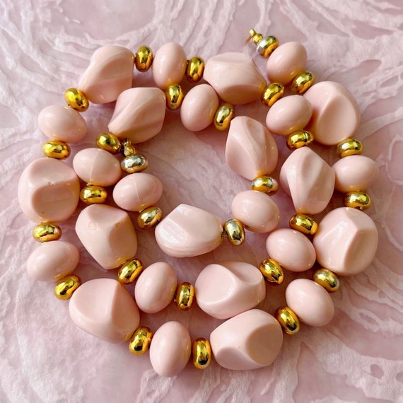 Vintage Pink and Gold Tone Beaded Necklace, Paste… - image 1