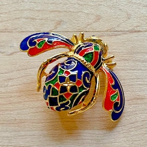 Vintage Joan Rivers Gold Tone Red, Blue and Green Enamel Mardi Gras Bee Brooch, Joan Rivers Jewelry, Vintage Gift Ideas, Joan Rivers Bee Pin