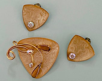 Vintage West Germany Gold Tone MCM Brooch and Clip Earring Demi Parure Set, Gold Tone Abstract Brooch Earring Set, Vintage Gift Ideas