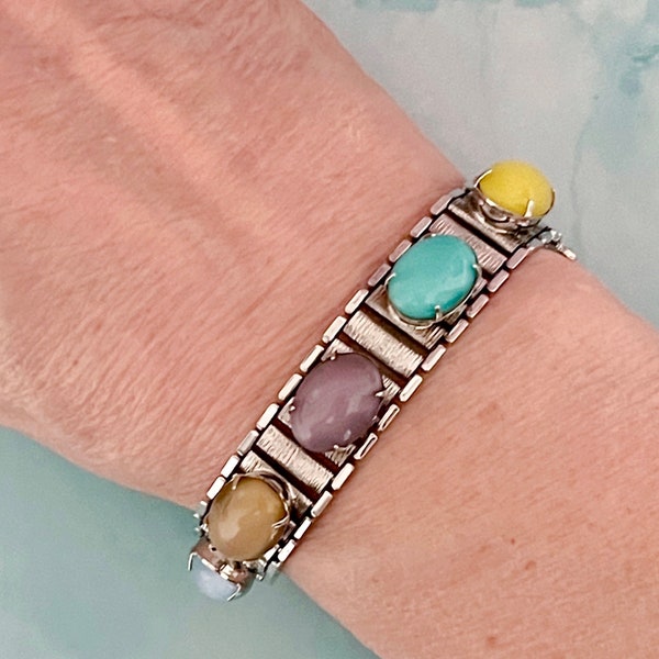 Vintage Sarah Cov Silver Tone Easter Egg Pastel Cabochon Link Bracelet, Multicolored Pastel Cabochon Bracelet, Sarah Coventry Bracelet