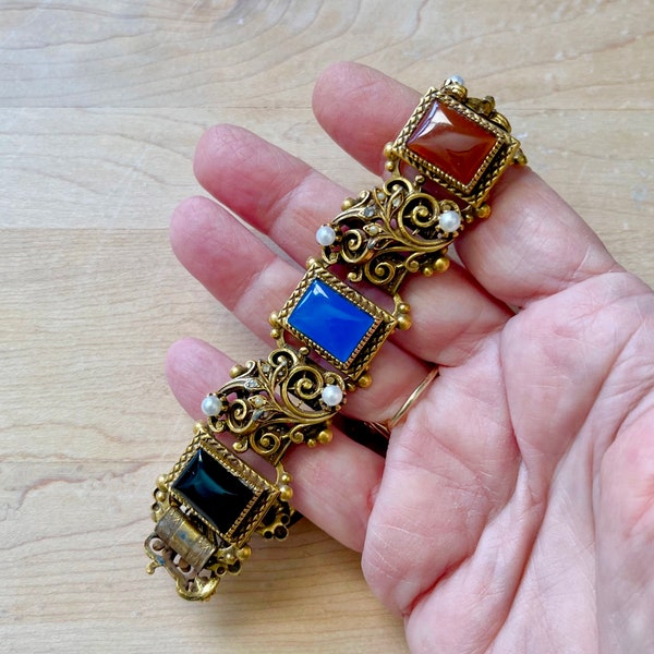 Vintage Ornate Antique Gold Tone Panel Bracelet, Multi-Color Cabochon Edwardian-Style Book Chain Panel Bracelet, Vintage Gift Ideas