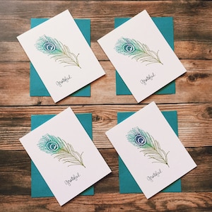 Ensemble lunatique fait main de 4 cartes de voeux vierges en plumes de paon, cartes de remerciement, cartes de gratitude, cartes de gratitude pour vous