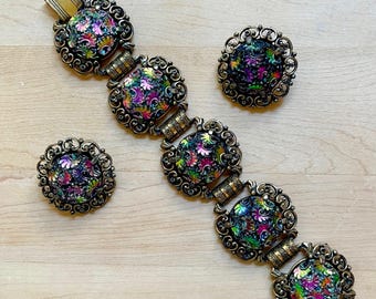 Unieke Judy Lee antiek goudkleurige dikke paneelarmband en clipoorbel Demi Parure-set, vintage Judy Lee Demi Parure-set, vintage cadeaus