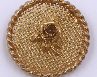Enchanting Gold Tone Victorian Style Mesh Brooch, Victorian Rose Brooch, Gold Tone Victorian Mesh Brooch, Gold Tone Rose Brooch Pin