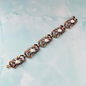 Vintage Coro Ornate Gold Tone Faux Pearl Bracelet, Textured Gold Tone 5 Panel Bracelet, Vintage Gift Ideas, Coro Jewelry, Coro Gift Ideas