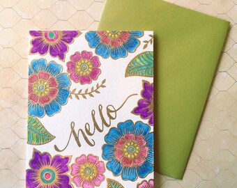 Purple Blue Yellow Turquoise Handmade Fancy Script Henna Cards, Hello Cards, Thinking of You Cards, Flower Doodle Cards, Just Because Cards