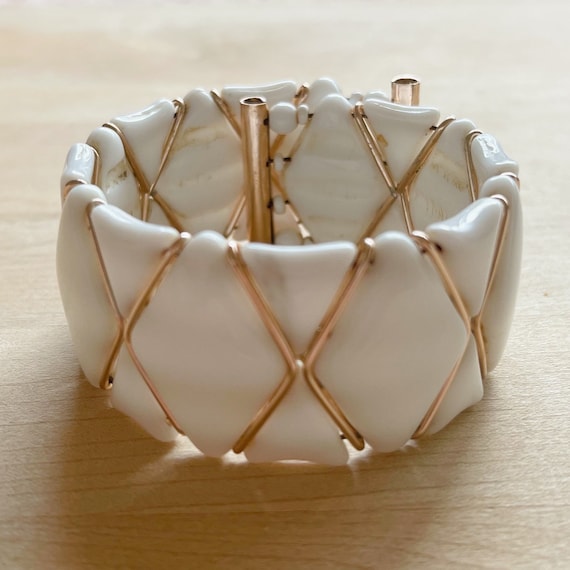 Vintage W Germany White Glass Bead Cuff Bracelet,… - image 2