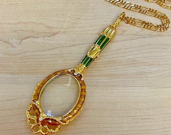 Collar vintage con lupa ornamentada de Joan Rivers, collar con espejo, colgante con lupa, joyería de Joan Rivers