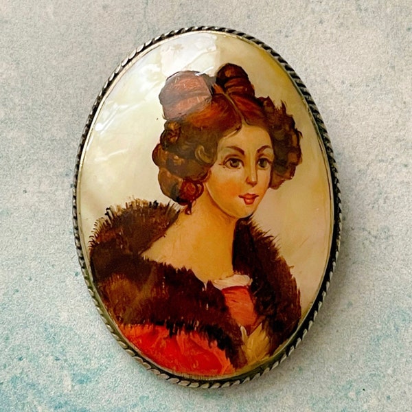 Vintage Fedoskino-Style Silver Tone Mother of Pearl Elegant Lady Brooch, Mother of Pearl Brooch, Hand-Painted Fedoskino Brooch, Cameo Brooch