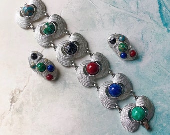 Vintage Sarah Coventry gesigneerde getextureerde zilverkleurige schakelarmband clip-on oorbel Demi Parure set, vintage Sarah Coventry Demi Parure set