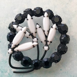 Vintage Black Japanned Wreath Brooch with Black Chatons and White Milk Glass Navettes, Prong Set Black White Brooch, Mourning Wreath Brooch