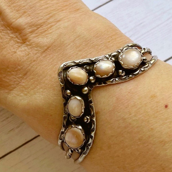 Vintage Sterling Silver Navajo Native American Moonstone Stamped Wishbone Cuff Bracelet, Native American Bangle Cuff, Vintage Gift Ideas