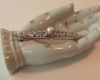 Vintage Signed LEDO Pin / Rhinestone and Faux Pearl / Sparkling Clear Stone Brooch / 2.5" long