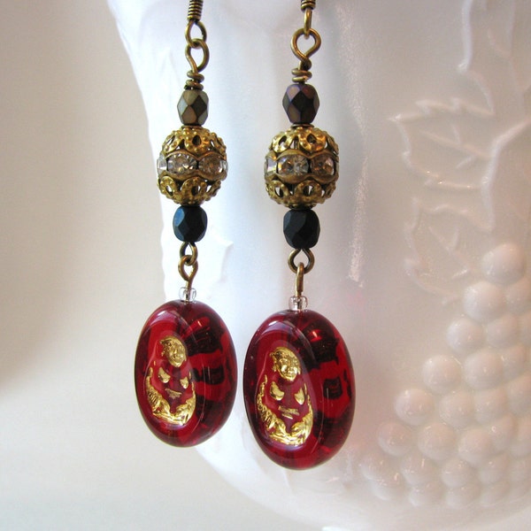 Red Buddha earrings, vintage German glass charms, old rhinestone findings, Czech glass, Zen spiritual, Oriental Asian theme jewelry 2.5"