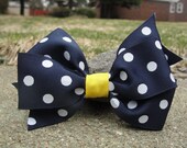 Adorable Girl's Hair Bow (Navy Polka Dot) Large Pinwheel Bow