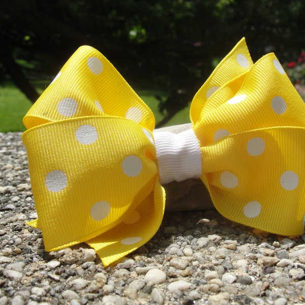 Adorable Girl's Hair Bow (Yellow Polka Dot) Large Pinwheel Bow