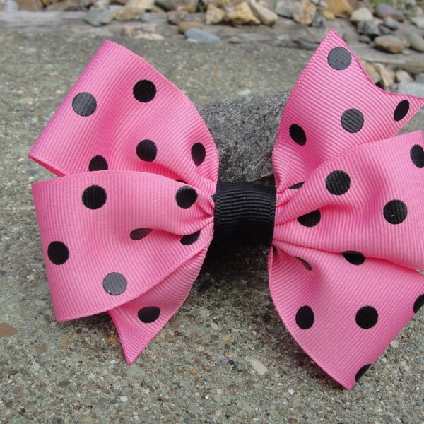 Adorable Girl's Hair Bow (Hot Pink with Black Polka Dot) Large Pinwheel Bow