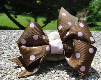 Adorable Girl's Hair Bow (Brown with Pink Polka Dots) Large Pinwheel Bow