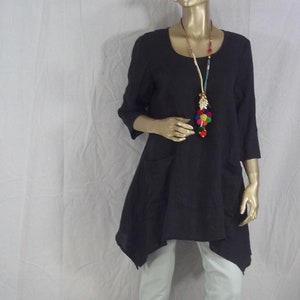 Linen, flax, tunic, black, lagenlook, tunic, hankie hem, plus size,  boho, tunic, linen top, shirt, shabby chic, women, ladies, top. S - 3XL