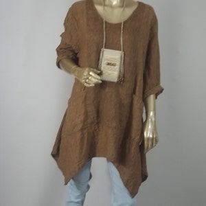 Linen tunic, lagenlook, brown, hankie hem, plus size, boho, layered look, tunic, linen, top, shabby chic tunic, women, ladies, tunic.