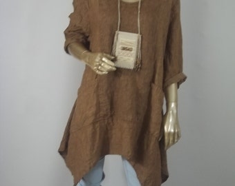 Linen tunic, lagenlook, brown, hankie hem, plus size, boho, layered look, tunic, linen, top, shabby chic tunic, women, ladies, tunic.