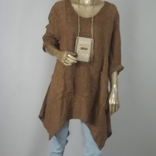 Linen tunic, lagenlook, brown, hankie hem, plus size, boho, layered look, tunic, linen, top, shabby chic tunic, women, ladies, tunic.