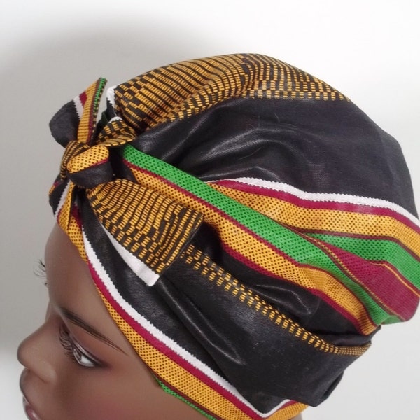 African, Kente, cotton, fashion, turban, hat, black, chemo, alopecia, turban, bow, turban,  women, ladies turban, bonnet, head wrap.  S - XL