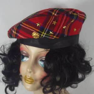 Tartan, plaid, poly, beret, red, Royal Stewart, gold buttons, beret, French beret, women, ladies, beret, winter beret, designer beret. S,M,L