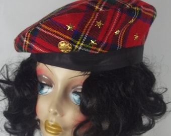 Tartan, plaid, poly, beret, red, Royal Stewart, gold buttons, beret, French beret, women, ladies, beret, winter beret, designer beret. S,M,L