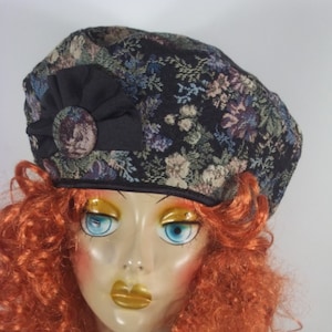 Tapestry, beret, hat, French beret, floral, blue, black, women, ladies, beret, lined, brooch, beret, fashion, beret, hat. cap.  S, M, L, XL