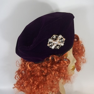 Velvet, purple, beret, hat, French beret,  dressy, women, ladies, beret, lined, brooch, beret, fashion, beret, hat. cap.  S, M, L, XL