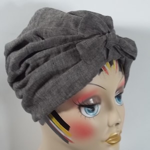 Linen, fashion, bow, turban, hat, gray, turban, women, ladies, turban, chemo, alopecia, turban, head wrap, chemo, cap, bonnet. cap. S,M,L,XL
