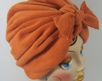 Micro fleece, winter, turban, hat, orange, bow, turban, women, ladies, turban, chemo, alopecia, turban, bonnet, head wrap, cap. S,M,L,XL