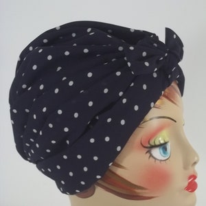 Silky poly, fashion, turban, navy, polka dot, 1950&#39;s, bow, turban, chemo, alopecia, turban, women, ladies, turban, head wrap, cap. S,M L,XL