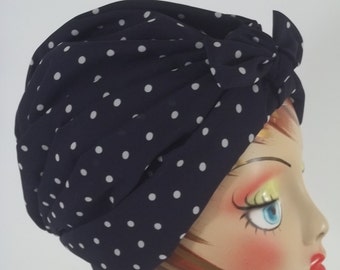 Silky poly, fashion, turban, navy, polka dot, 1950's, bow, turban, chemo, alopecia, turban, women, ladies, turban, head wrap, cap. S,M L,XL