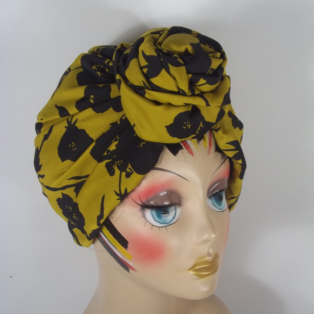 Silky Poly, Fashion, Turban, Hat, Black, Mustard Yellow, Turban