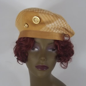 Wool beret, beige beret, tartan plaid beret, gold buttons beret, designer beret, vintage, women beret, ladies beret, camel beret.  S, M, L