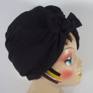 Chiffon poly, black, turban, bow, fashion turban, chemo, alopecia, turban, head wrap, women, ladies turban, chemo cap, bonnet.  S,M,L,XL