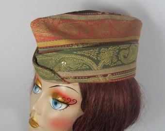 1940, berretto di guarnigione, arancione, verde, militare, cappello, berretto laterale, cuneo, pilota, volo, berretto, tribale, designer, cappello, donna, donne, cappello. S, M, L