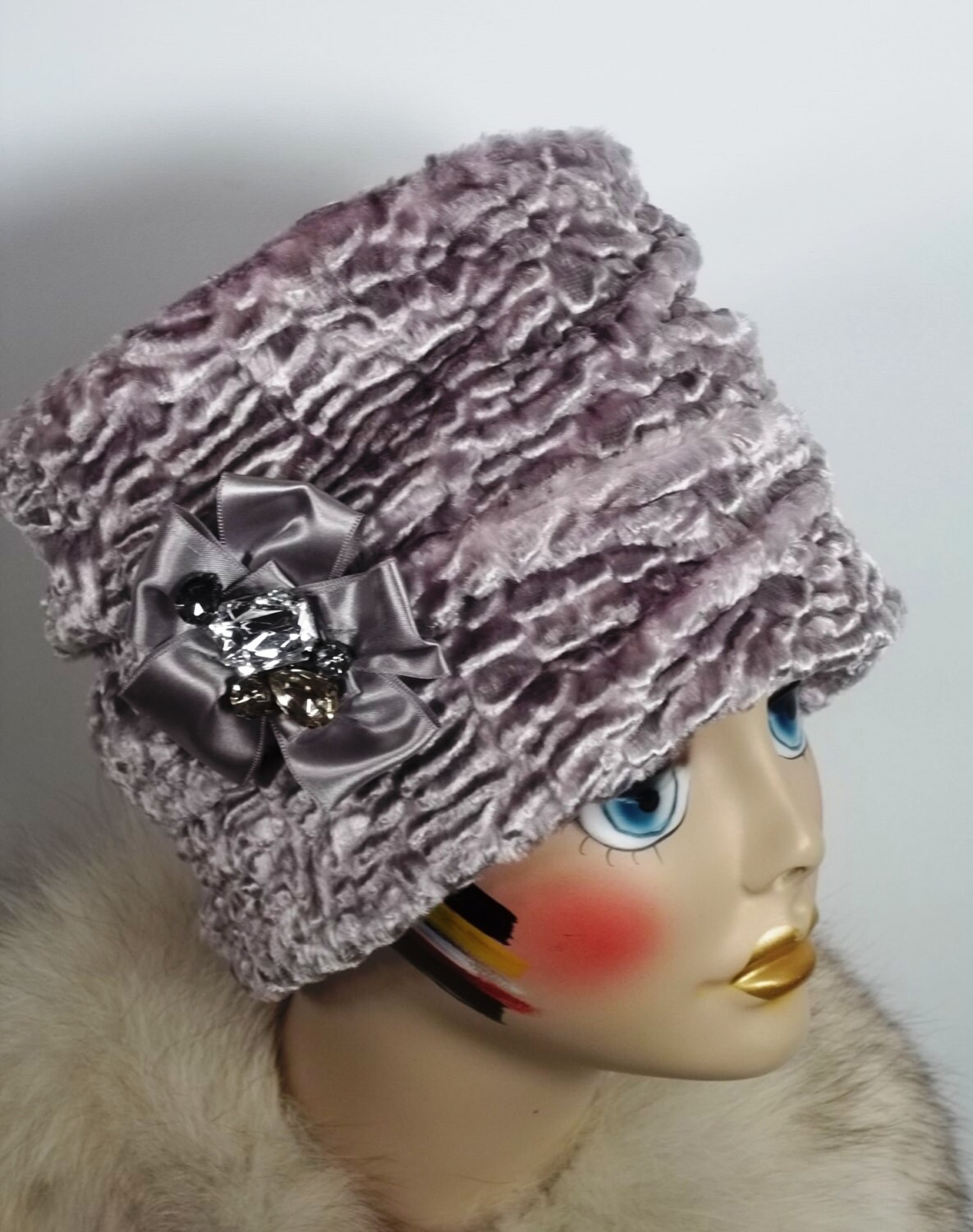 Persian Lamb Faux Fur Cloche Hat Gray 