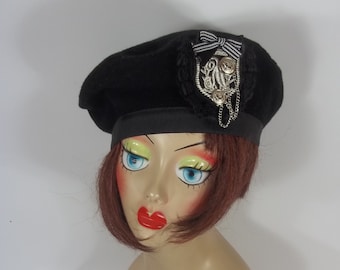 Lana, negro, boina, diseñador, moda, militar, boina, escudo real de plata, vintage, mujer, damas, boina, invierno, otoño, boina, sombrero. S,M, L