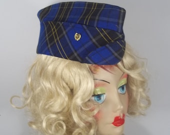 1940, berretto di guarnigione, blu, nero, tartan, plaid, militare, cappello, lato, cuneo, berretto, pilota, volo, berretto, designer, donne, signore, cappello. S, M, L