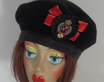 Lana, negro, boina, diseñador, moda, militar, boina, escudo real, boina vintage, mujeres, damas, boina, invierno, otoño, boina, sombrero. S,M, L