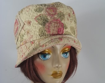Quilted cotton, cloche hat,  beige, floral, 1920's, flapper, Art Deco, hat, bucket, hat, chemo, alopecia, hat, women, ladies, hat. S,M,L