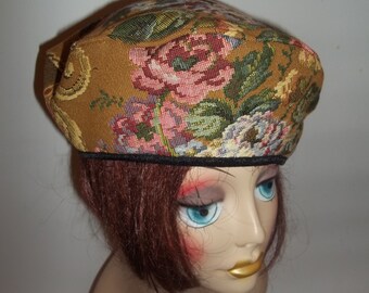 Tapestry, beret, multi color, Boho, vintage look, mustard yellow, hat, fashion, designer, women, ladies, French  beret, all seasons, cap.