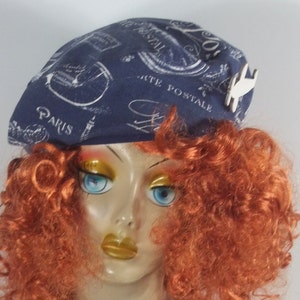 Cotton, beret, blue, toile French print, hat, fashion, designer, women, ladies, beret, French  beret, summer, retro, vintage, beret, cap.