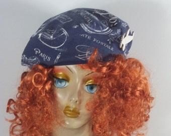 Cotton, beret, blue, toile French print, hat, fashion, designer, women, ladies, beret, French  beret, summer, retro, vintage, beret, cap.