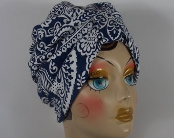 Cotton, fashion, turban, hat, blue, white, full turban, chemo turban, alopecia turban, women's, ladies, turban, head wrap, cap. S,M,L,XL