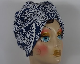 Algodón, moda, turbante, sombrero, azul, blanco, turbante completo, turbante de quimioterapia, turbante de alopecia, mujer, damas, turbante, envoltura para la cabeza, gorra. S, M, L, XL